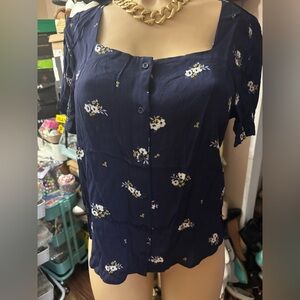 Elodie BNWT blue button down floral dainty feminine shirt office luxury small